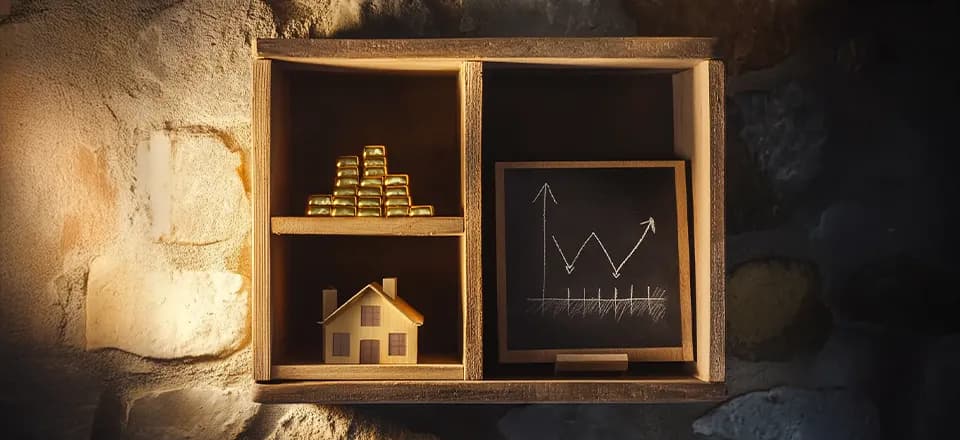 Die drei Säulen der Vermögenssicherung: Gold als zeitloser Wertspeicher, Immobilien als stabiler Sachwert und Aktien als dynamisches Produktivvermögen – ein Portfolio, das Resilienz und Substanz vereint. Beschriebene Portfolio-Aufteilung.
