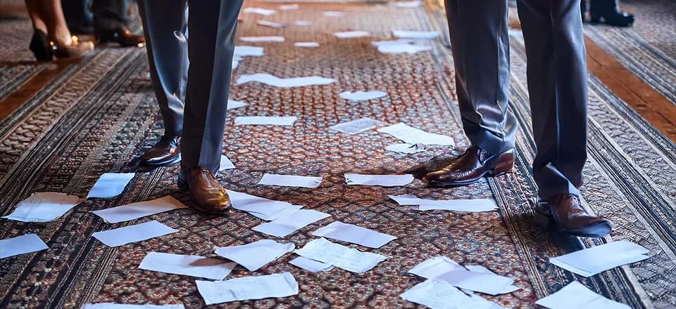 Diese Weisheiten stammen aus Zeiten, an denen an der Börse noch ganz andere Zustände herrschten, aber sie dennoch Gültigkeit haben. Blick auf die Beine mehrerer Makler in Anzügen, die auf einem mit Teppich ausgelegten Boden stehen. Überall auf dem Boden liegen verstreute Orderzettel. Die Szene vermittelt den Eindruck von hektischen und chaotischen Zeiten auf dem Börsenparkett, wie sie in der Vergangenheit üblich waren.