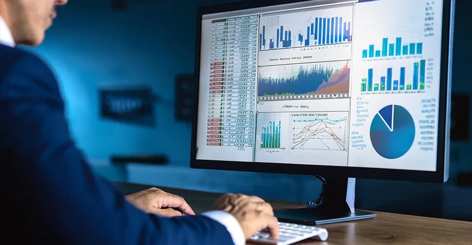 Die Fundamentalanalyse besteht aus einer detaillierten Untersuchung von Finanzdaten und Berichten, die heute oft digital zugänglich sind. Eine Person in einem Anzug sitzt vor einem Computerbildschirm, der verschiedene Finanzdiagramme, Balkendiagramme und Tabellen zeigt. Die Diagramme scheinen Geschäftsdaten und Quartalsberichte darzustellen. Die Person arbeitet in einem modernen, blau beleuchteten Büro, wobei der Fokus auf den Daten und Analysen auf dem Bildschirm liegt.