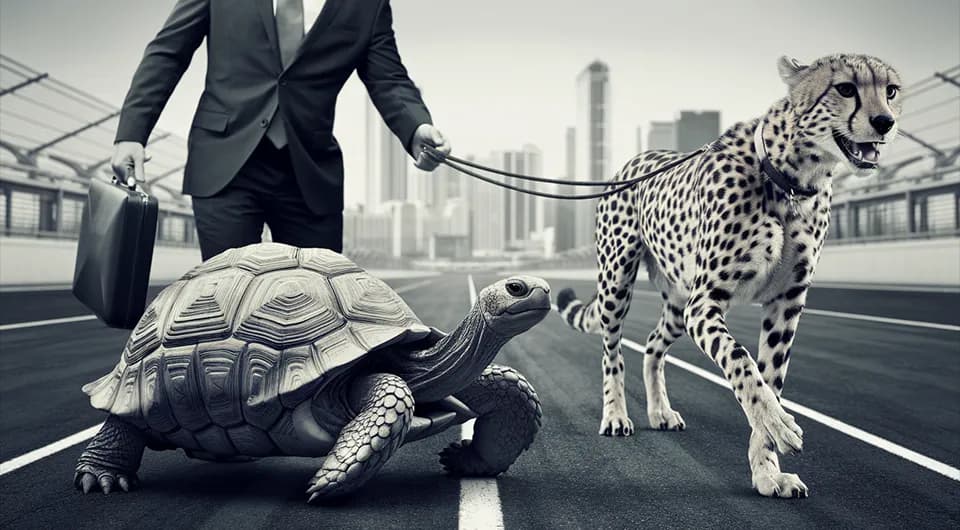 Die Schildkröte steht für langfristige Investitionen, während der Gepard für kurzfristige Investitionen steht. Ein symbolisches Bild einer Schildkröte und eines Geparden auf einer Rennstrecke. Ein Mann trägt einen Anzug und hält eine Aktentasche. Der Gepard trägt ein Halsband und ist angeleint. Die Schildkröte steht für langfristige Investitionen, während der Gepard für kurzfristige Investitionen steht. Im Hintergrund ist eine Stadtsilhouette zu sehen.